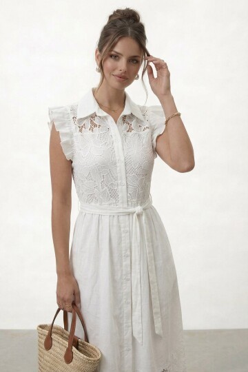 Düğmeli Fırfır Kollu Dantel Detaylı Midi Elbise