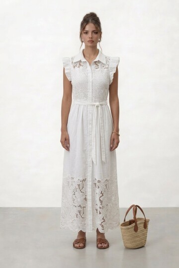 Düğmeli Fırfır Kollu Dantel Detaylı Midi Elbise