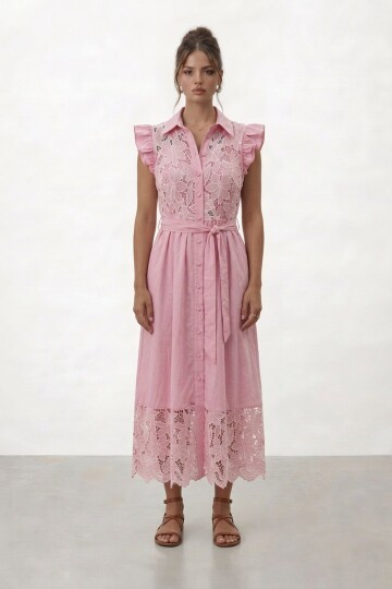 Düğmeli Fırfır Kollu Dantel Detaylı Midi Elbise