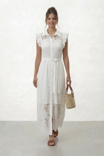 Düğmeli Fırfır Kollu Dantel Detaylı Midi Elbise