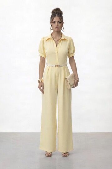 Düğmeli Kısa Kol Kemerli Geniş Paça Tulum