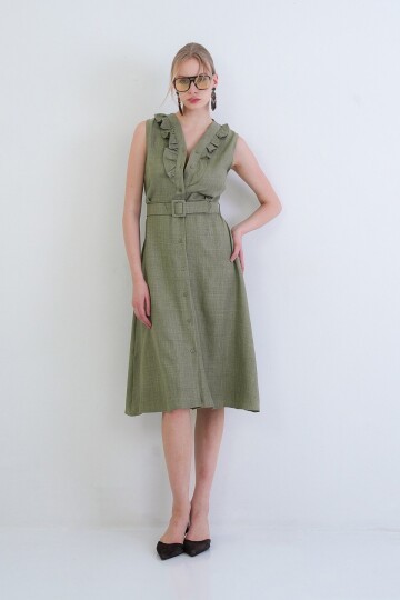 Düğmeli Önü Fırfır Detaylı Kendindn Kemerli Sofia Keten Dokuma Elbise