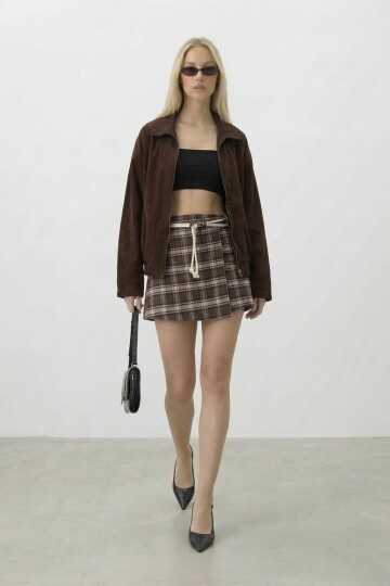 Ekoseli Bağlamalı Mini Etek