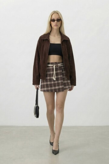 Ekoseli Bağlamalı Mini Etek