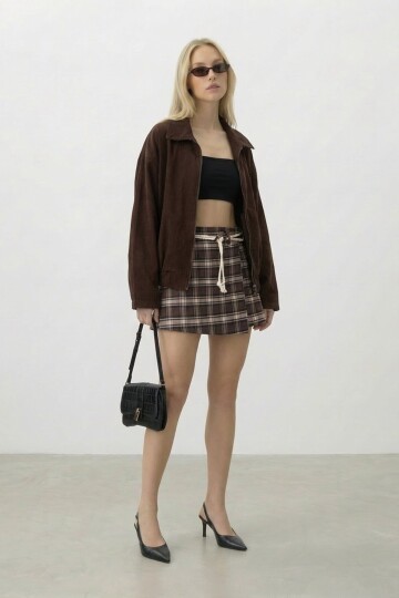 Ekoseli Bağlamalı Mini Etek