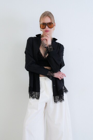 Eteği Ve Manşetleri Dantel Detaylı Oversize Poplin Gömlek