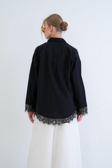 Eteği Ve Manşetleri Dantel Detaylı Oversize Poplin Gömlek