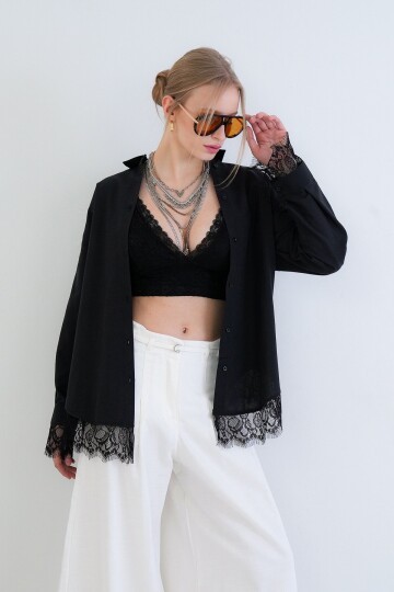 Eteği Ve Manşetleri Dantel Detaylı Oversize Poplin Gömlek