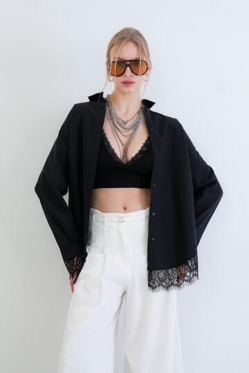 Eteği Ve Manşetleri Dantel Detaylı Oversize Poplin Gömlek