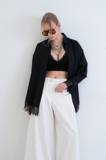 Eteği Ve Manşetleri Dantel Detaylı Oversize Poplin Gömlek