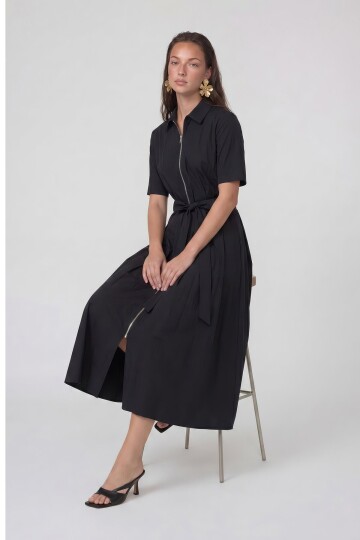 Fermuar Detaylı Belden Bağlamalı Midi Elbise