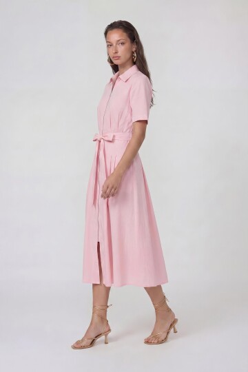 Fermuar Detaylı Belden Bağlamalı Midi Elbise