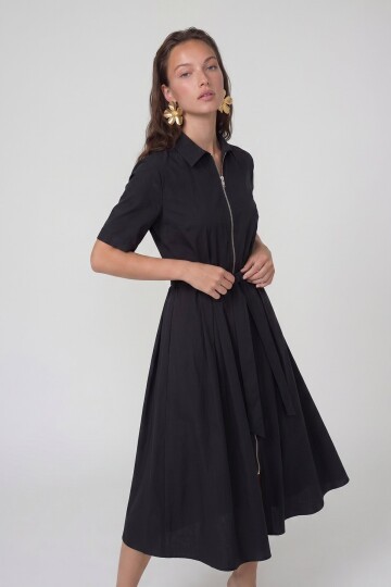 Fermuar Detaylı Belden Bağlamalı Midi Elbise