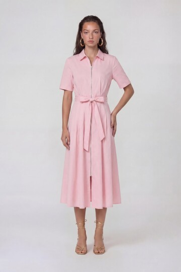 Fermuar Detaylı Belden Bağlamalı Midi Elbise