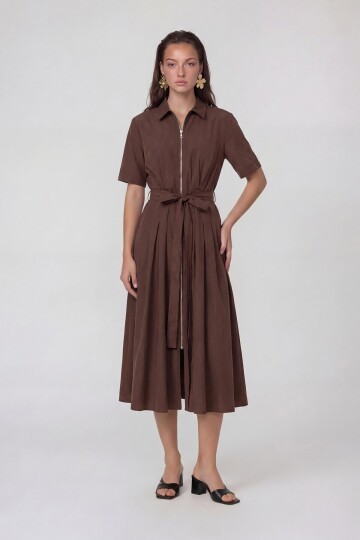 Fermuar Detaylı Belden Bağlamalı Midi Elbise