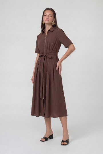 Fermuar Detaylı Belden Bağlamalı Midi Elbise