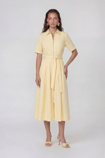 Fermuar Detaylı Belden Bağlamalı Midi Elbise