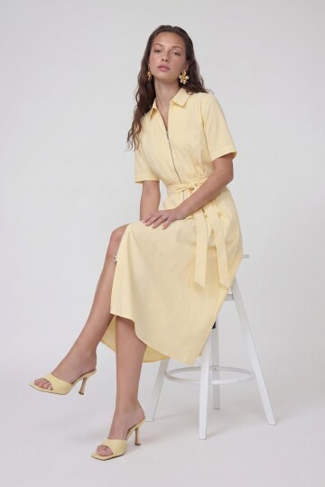 Fermuar Detaylı Belden Bağlamalı Midi Elbise