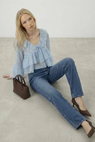 Fırfırlı Volan Kol Şifon Bluz