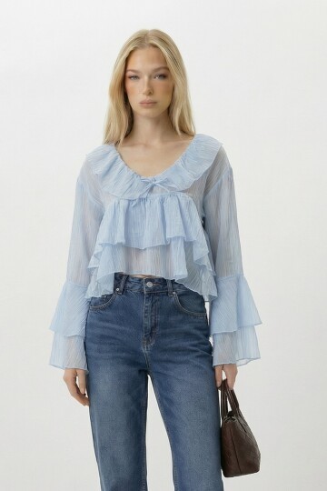 Fırfırlı Volan Kol Şifon Bluz