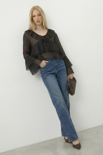 Fırfırlı Volan Kol Şifon Bluz