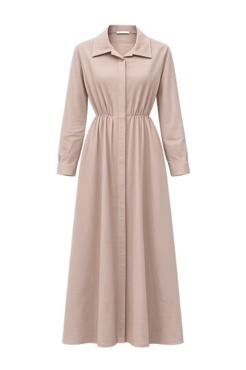 Gömlek Yaka Beli Lastikli Uzun Kol Midi Elbise