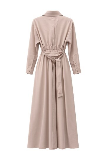 Gömlek Yaka Beli Lastikli Uzun Kol Midi Elbise