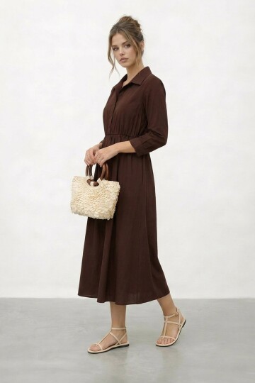 Gömlek Yaka Beli Lastikli Uzun Kol Midi Elbise