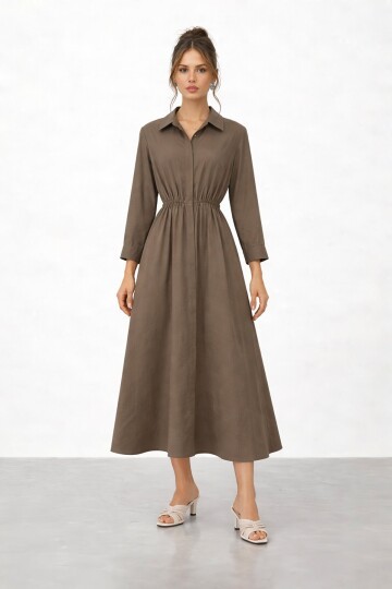 Gömlek Yaka Beli Lastikli Uzun Kol Midi Elbise