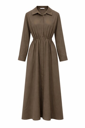 Gömlek Yaka Beli Lastikli Uzun Kol Midi Elbise