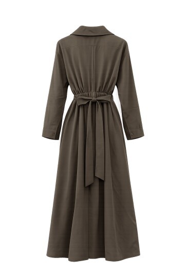 Gömlek Yaka Beli Lastikli Uzun Kol Midi Elbise