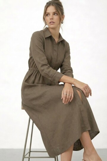 Gömlek Yaka Beli Lastikli Uzun Kol Midi Elbise