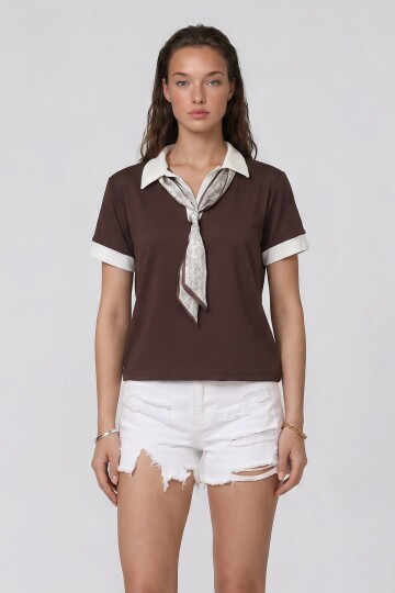 Gömlek Yaka Fular Detaylı Kısa Kollu Bluz