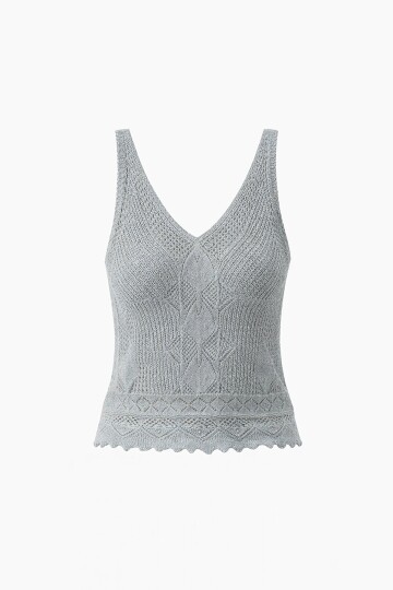 Gri Askılı Ajurlu Örme Crop Bluz