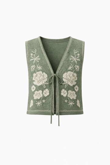 Haki Nakış Detaylı Astarlı Dokulu Crop Yelek