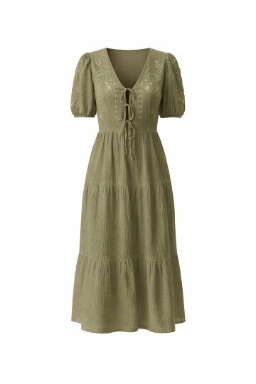 Haki Nakışlı Bağlama Detaylı Midi Boy Müslin Elbise