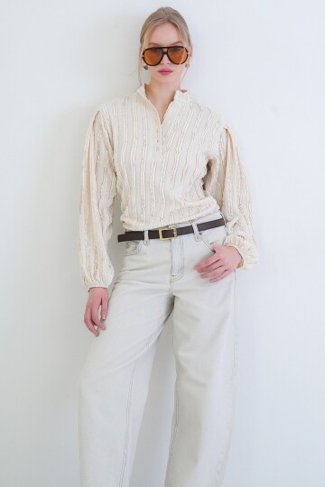 Hakim Yaka Önü Düğmeli Balon Kol Fırfır Kumaş Gömlek Bluz