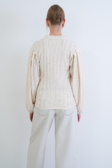 Hakim Yaka Önü Düğmeli Balon Kol Fırfır Kumaş Gömlek Bluz