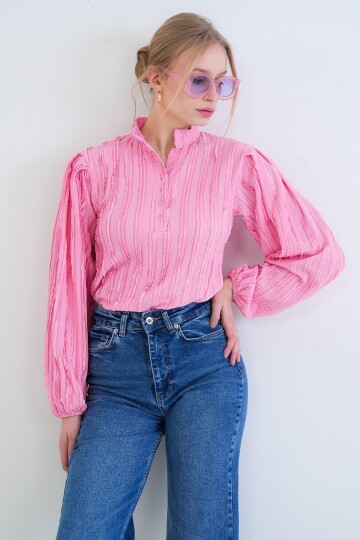 Hakim Yaka Önü Düğmeli Balon Kol Fırfır Kumaş Gömlek Bluz