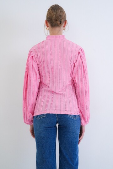 Hakim Yaka Önü Düğmeli Balon Kol Fırfır Kumaş Gömlek Bluz