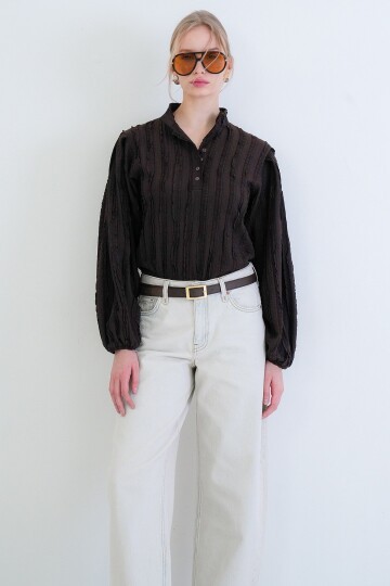 Hakim Yaka Önü Düğmeli Balon Kol Fırfır Kumaş Gömlek Bluz