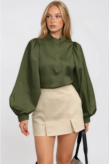 Hakim Yaka Önü Düğmeli Balon Kol Poplin Dokuma Gömlek