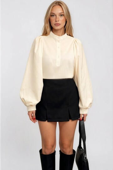 Hakim Yaka Önü Düğmeli Balon Kol Poplin Dokuma Gömlek