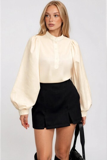 Hakim Yaka Önü Düğmeli Balon Kol Poplin Dokuma Gömlek