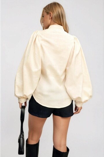 Hakim Yaka Önü Düğmeli Balon Kol Poplin Dokuma Gömlek