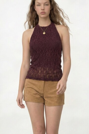 Halter Yaka Dantel Detaylı Bluz