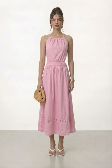 Halter Yaka Dantel Detaylı Midi Elbise