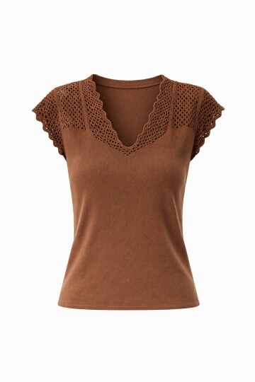 Kahverengi V Yaka Delik Ajurlu Mevsimlik Triko Bluz