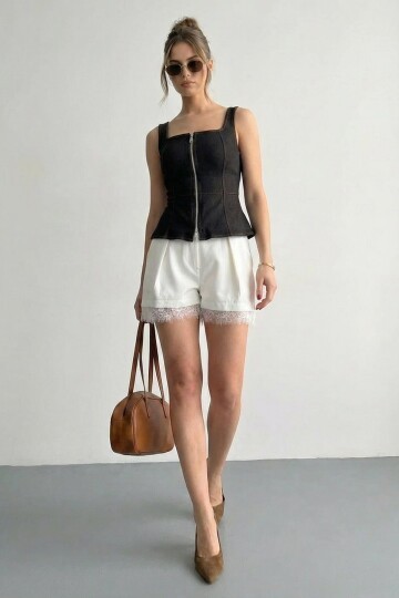 Kare Yaka Fermuarlı Denim Bluz