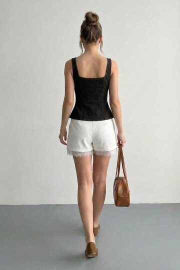 Kare Yaka Fermuarlı Denim Bluz